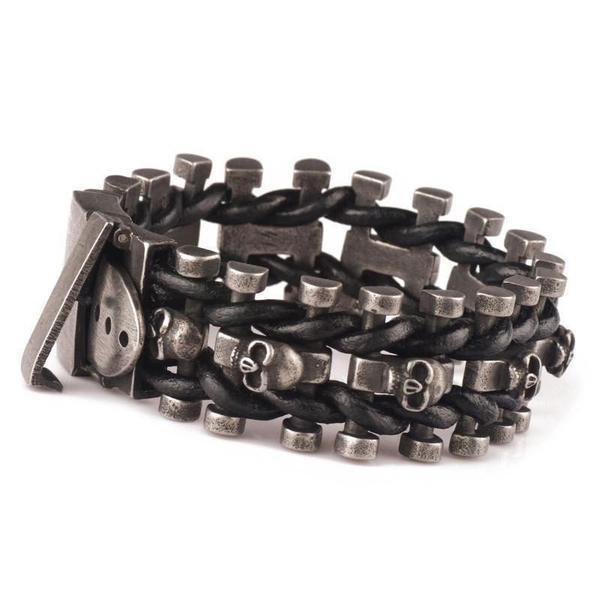 Blackriss™Leather Woven Stainless Steel Skull Bracelet-Blackriss