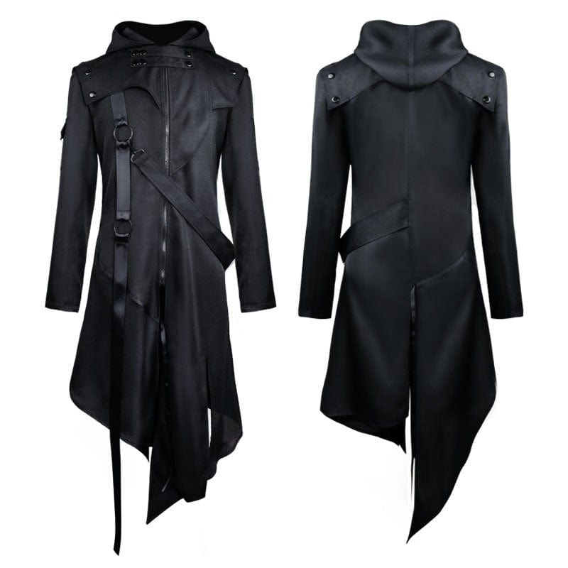 BLACKRISS™Men's Gothic Irregular Buckles Long Coat with Hood-Blackriss