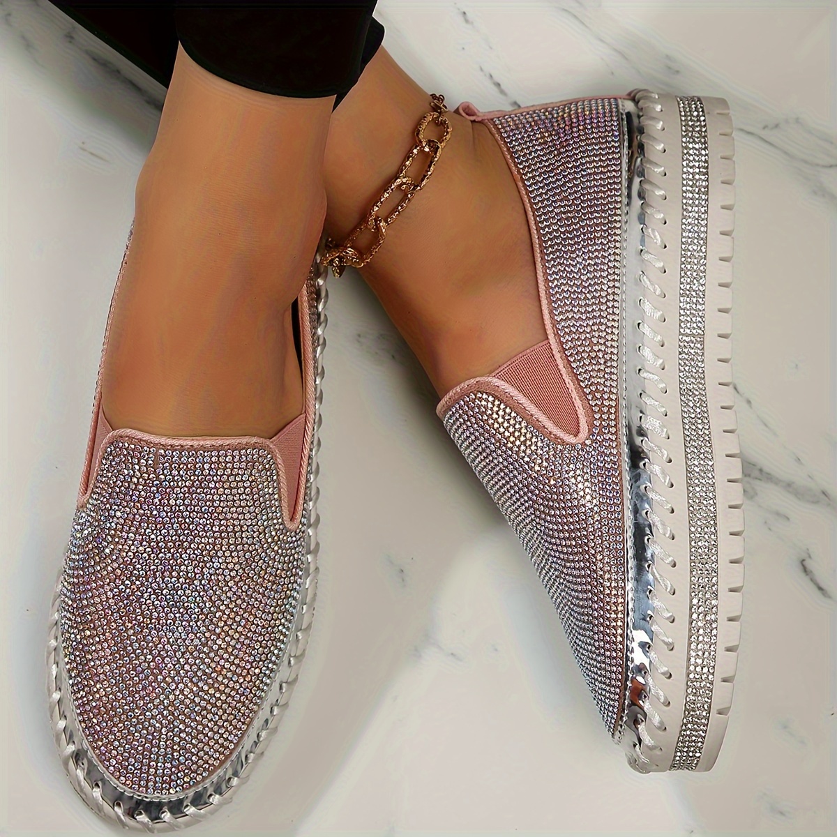 Women's Rhinestone Embellished Thick Sole Slip-On Orthopedic Shoes