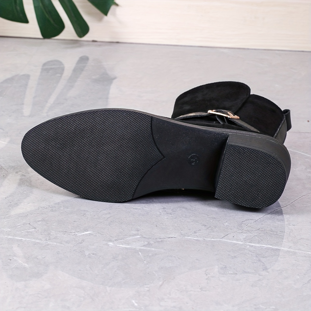 Women's Suede Buckle Strap Side Zip Chunky Heel Boots