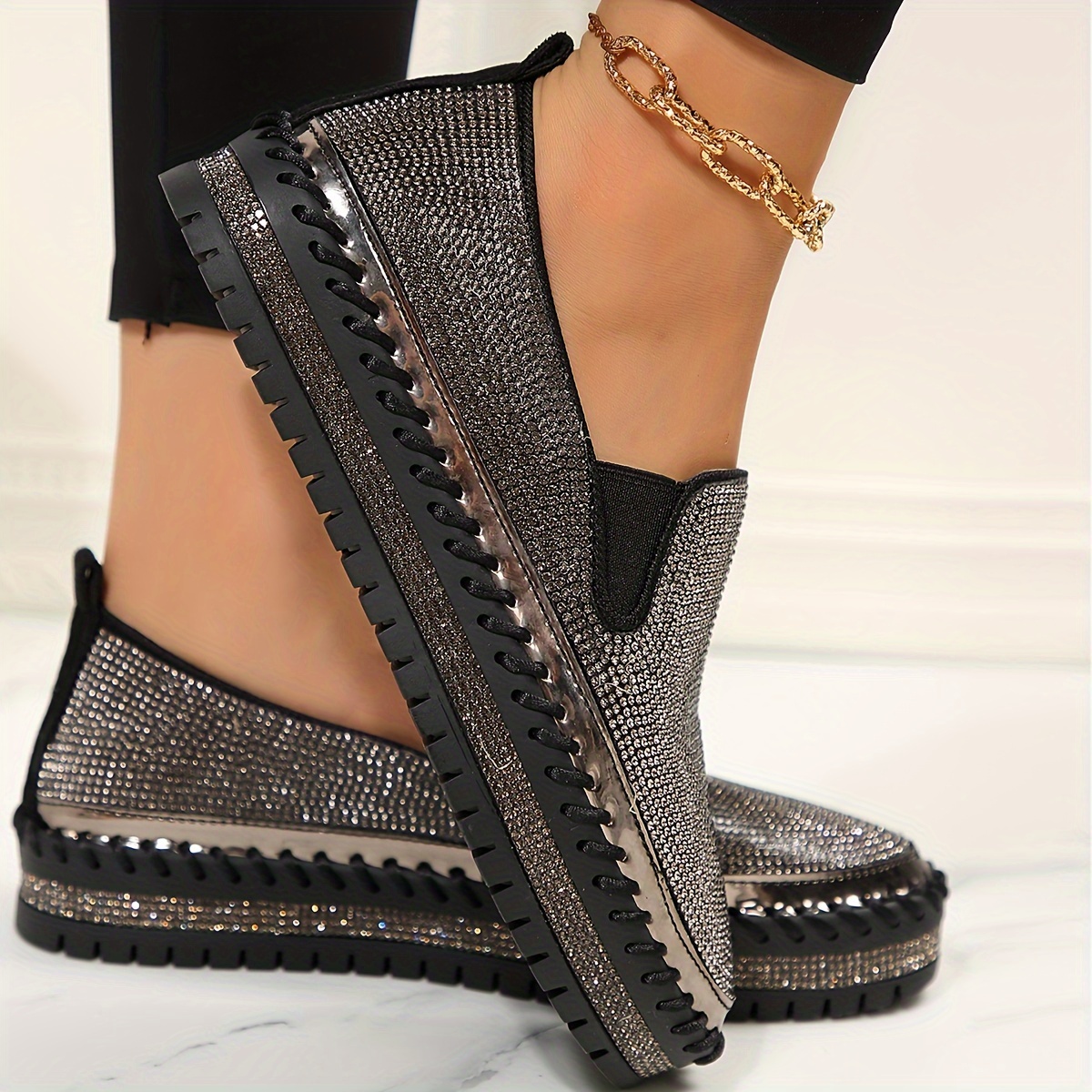 Women's Rhinestone Embellished Thick Sole Slip-On Orthopedic Shoes