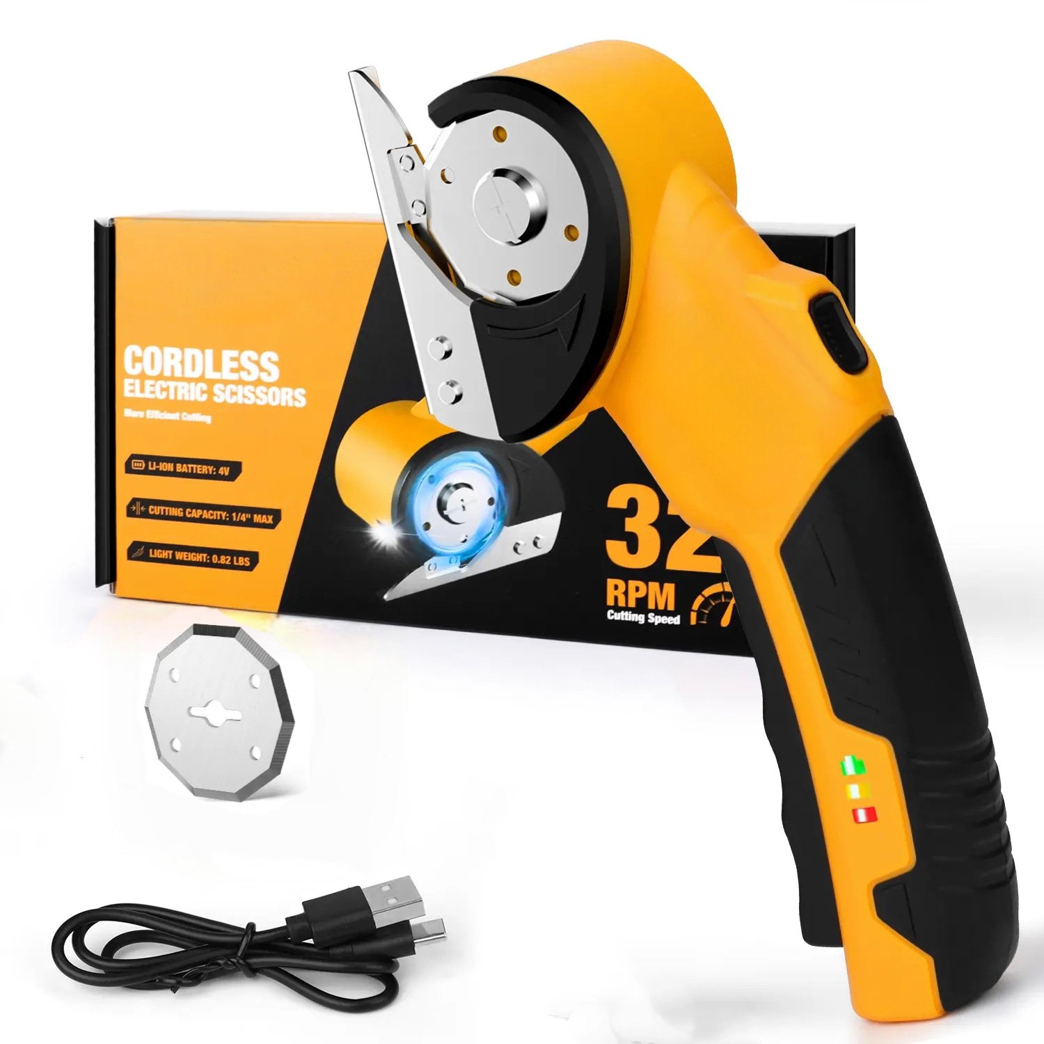 ✂️Cordless Electric Scissors 4V – Rechargeable Heavy Duty Cutter with Safety Lock, LED Light, Long Battery Life - Yellow