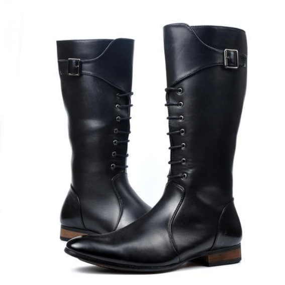 BLACKRISS™Men's Buckle Up Zipper Faux Leather Pointed Martin Boots-Blackriss