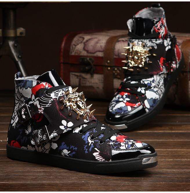 BLACKRISS™Men's Fashion Printed Punk Rivet Side Zipper Ankle Boot Martin Boots-Blackriss