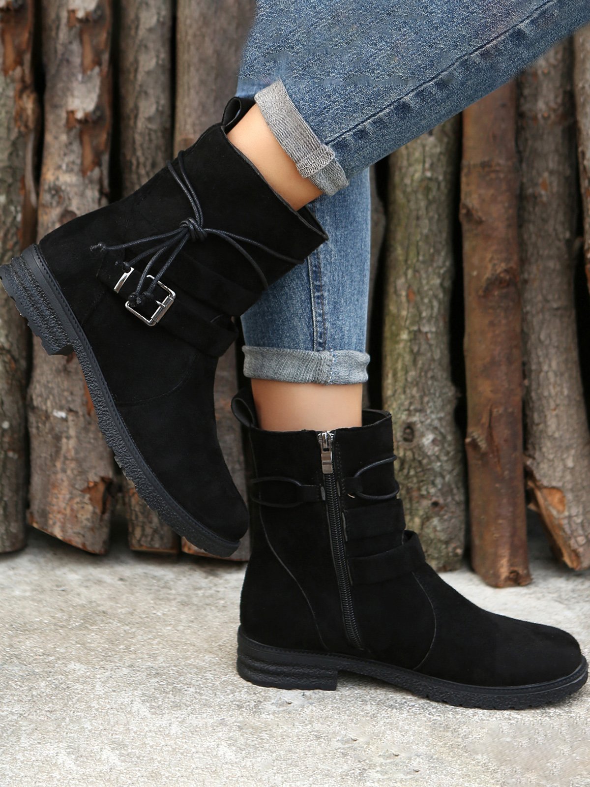 Leather Round Toe Side Zip Lace-Up Low Heel Booties