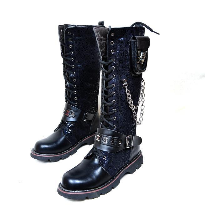 BLACKRISS™Men's Steampunk 16 Holes Metal Rivet High Boots Engineer Motorcycle Boot-Blackriss