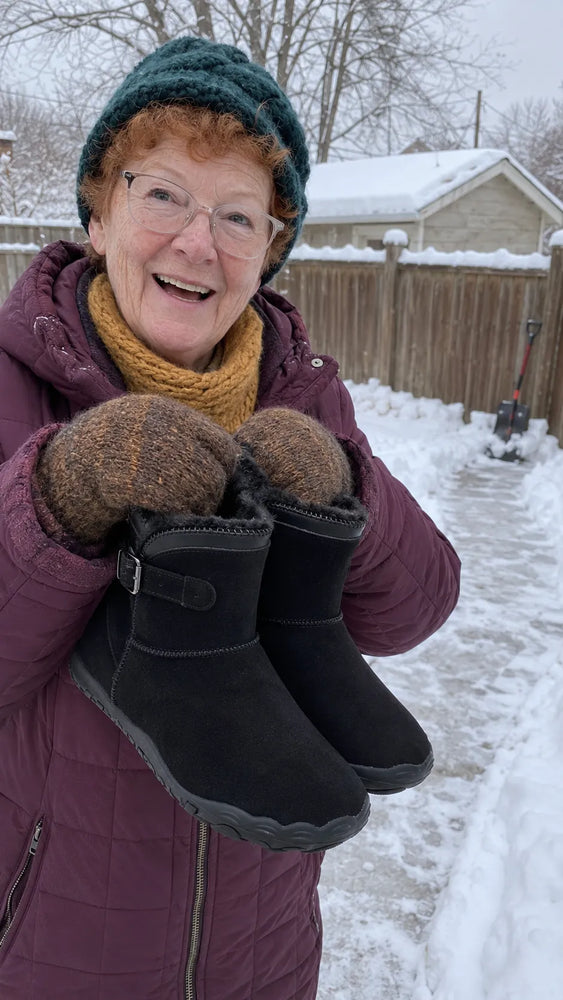 happy customer showing our shoes