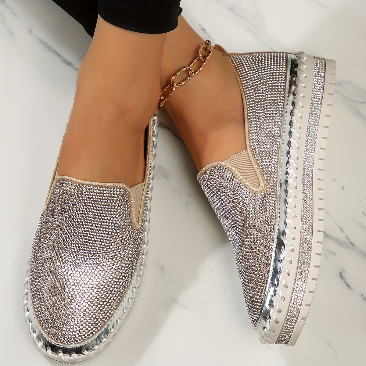 Women's Rhinestone Embellished Thick Sole Slip-On Orthopedic Shoes