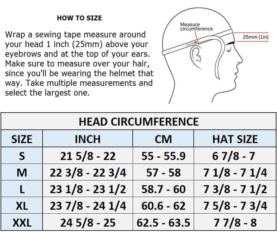 Size chart of DOT-AUS-NZ Cartified - Lightweight - Reversible - Low Profile - Polo-Style - Motorcycle Biker Beanie Helmet - Matte Black - BeanieHelmets  -