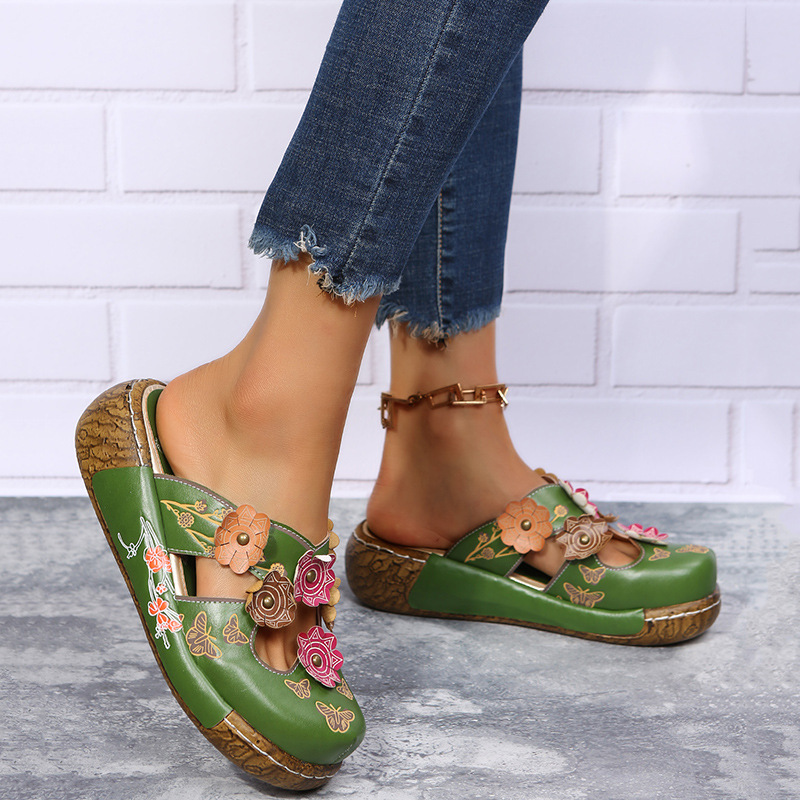 Women's Floral Leather Clog Sandals 