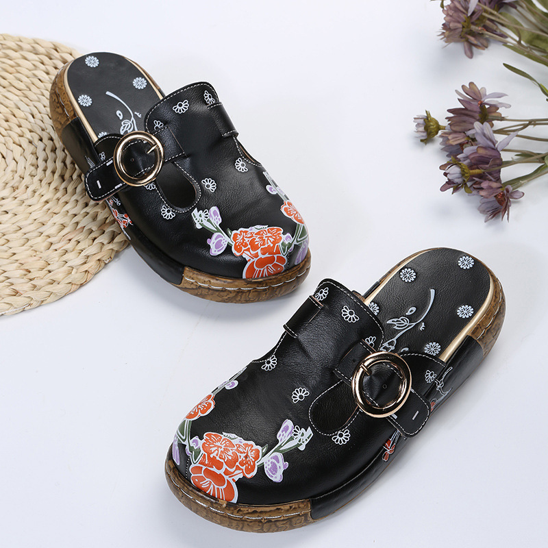 Women's Floral Embroidered Slip-On Clogs with Buckle Detail and Wedge Heel 