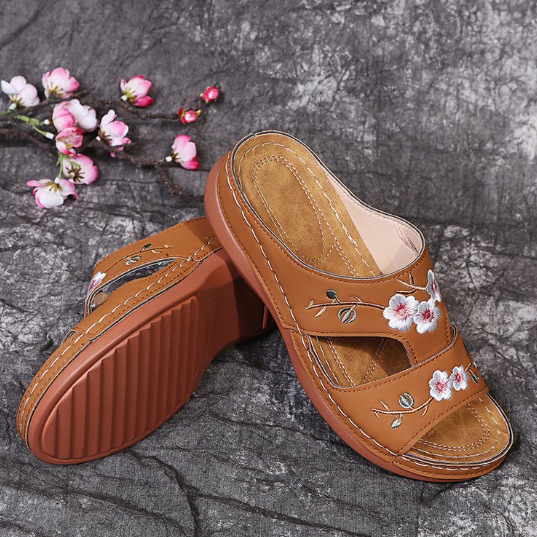 Women Embroidered Flower Leather Wedge Slippers