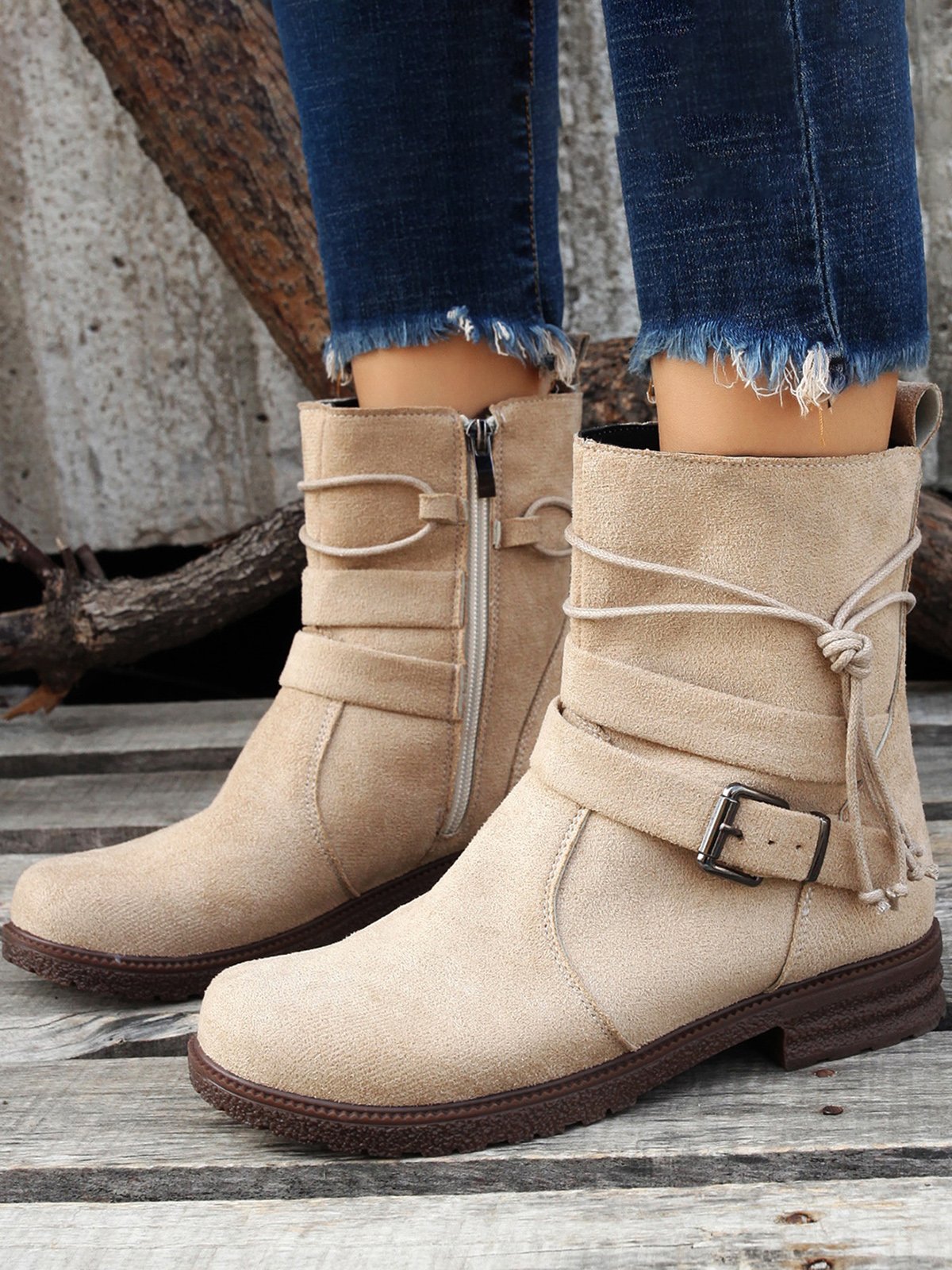 Leather Round Toe Side Zip Lace-Up Low Heel Booties
