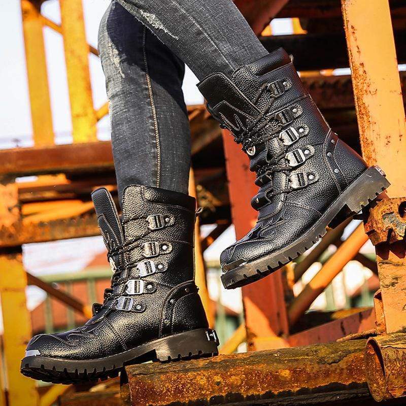 BLACKRISS™Men's Punk Faux Leather Middle Boots Martin Boots Winter Boots-Blackriss