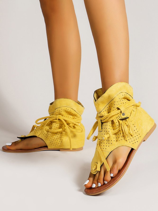 Retro Flat Tassel Cutout Thong Sandals