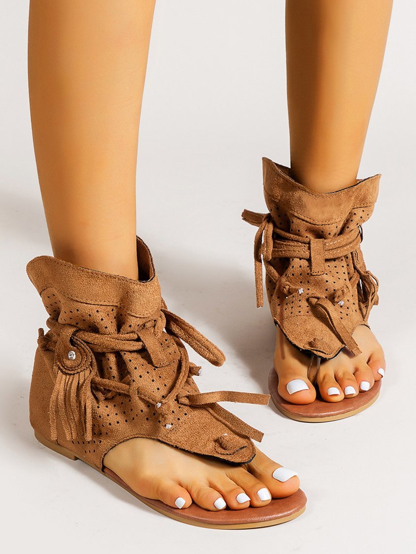 Retro Flat Tassel Cutout Thong Sandals