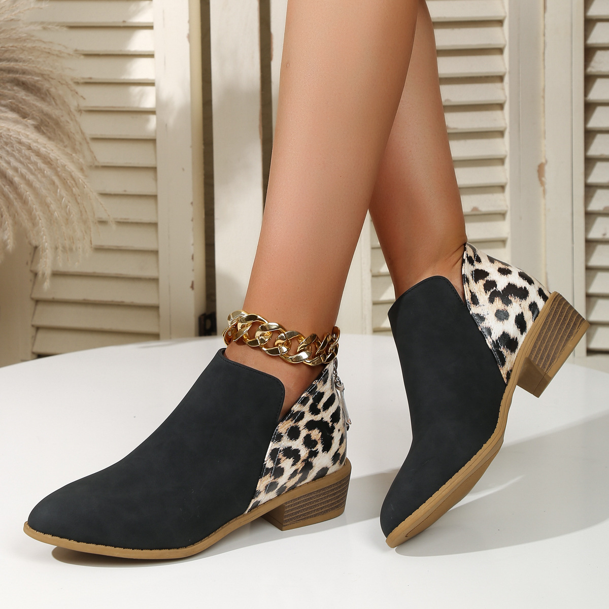 Mid-heel Side Zipper Leopard Print Patchwork Casual Women's Short Boots