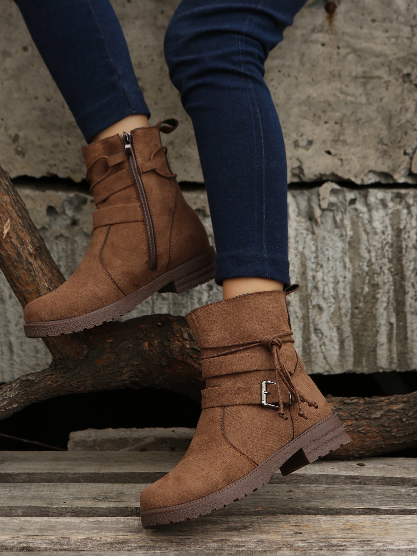 Leather Round Toe Side Zip Lace-Up Low Heel Booties