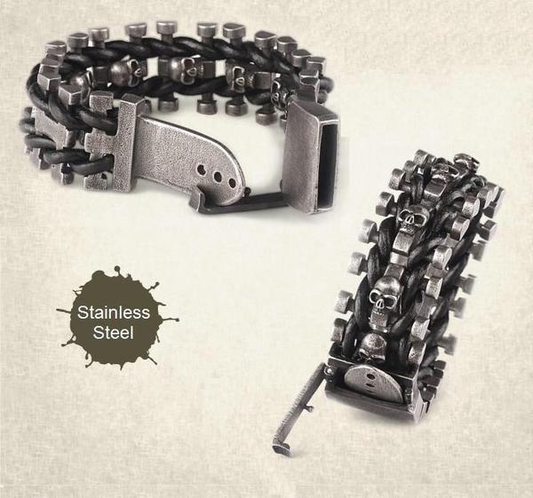 Blackriss™Leather Woven Stainless Steel Skull Bracelet-Blackriss