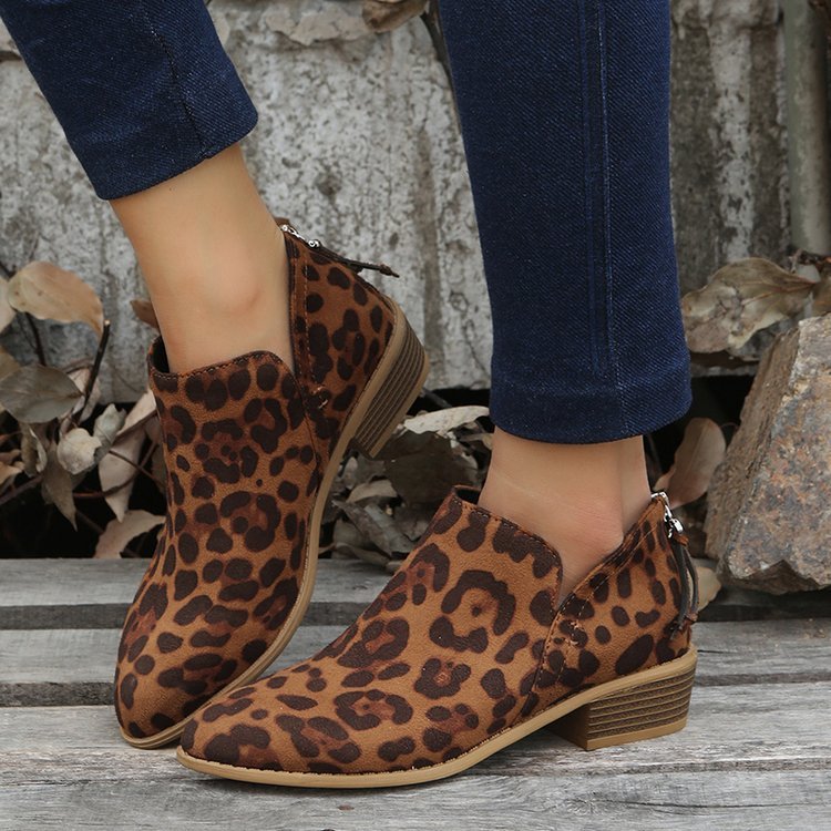 Mid-heel Side Zipper Leopard Print Patchwork Casual Women's Short Boots