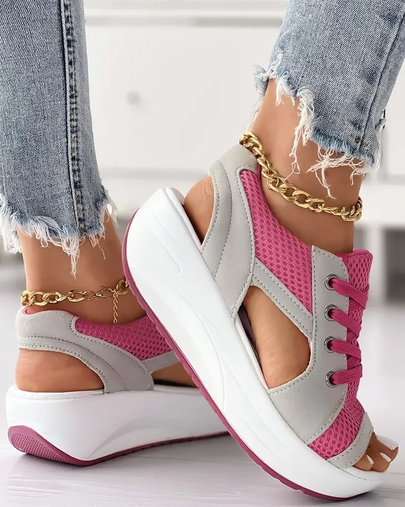 Contrast Paneled Cutout Lace-up Muffin Sandals👡