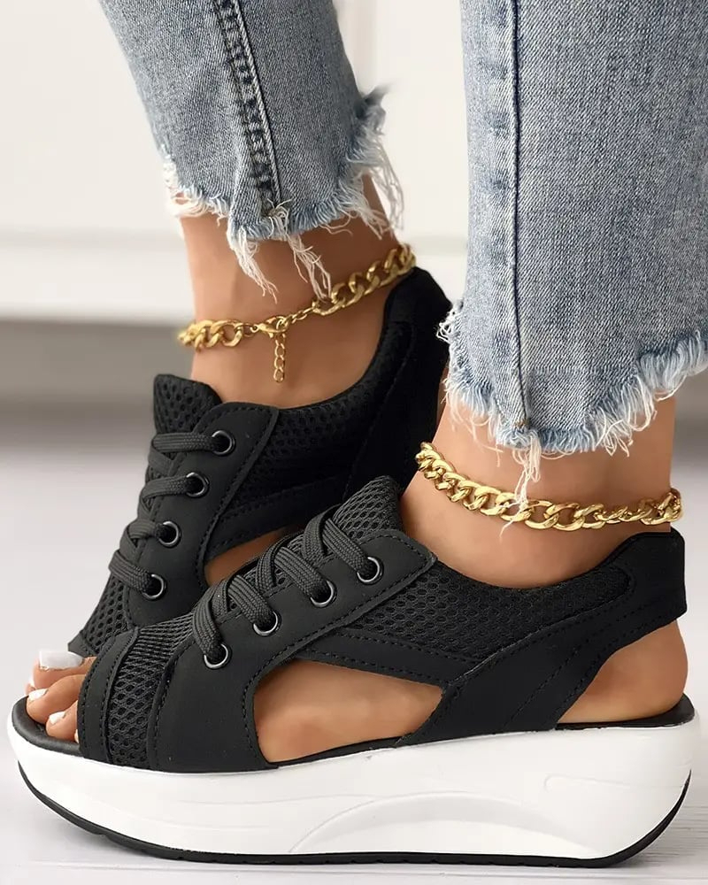 Contrast Paneled Cutout Lace-up Muffin Sandals👡