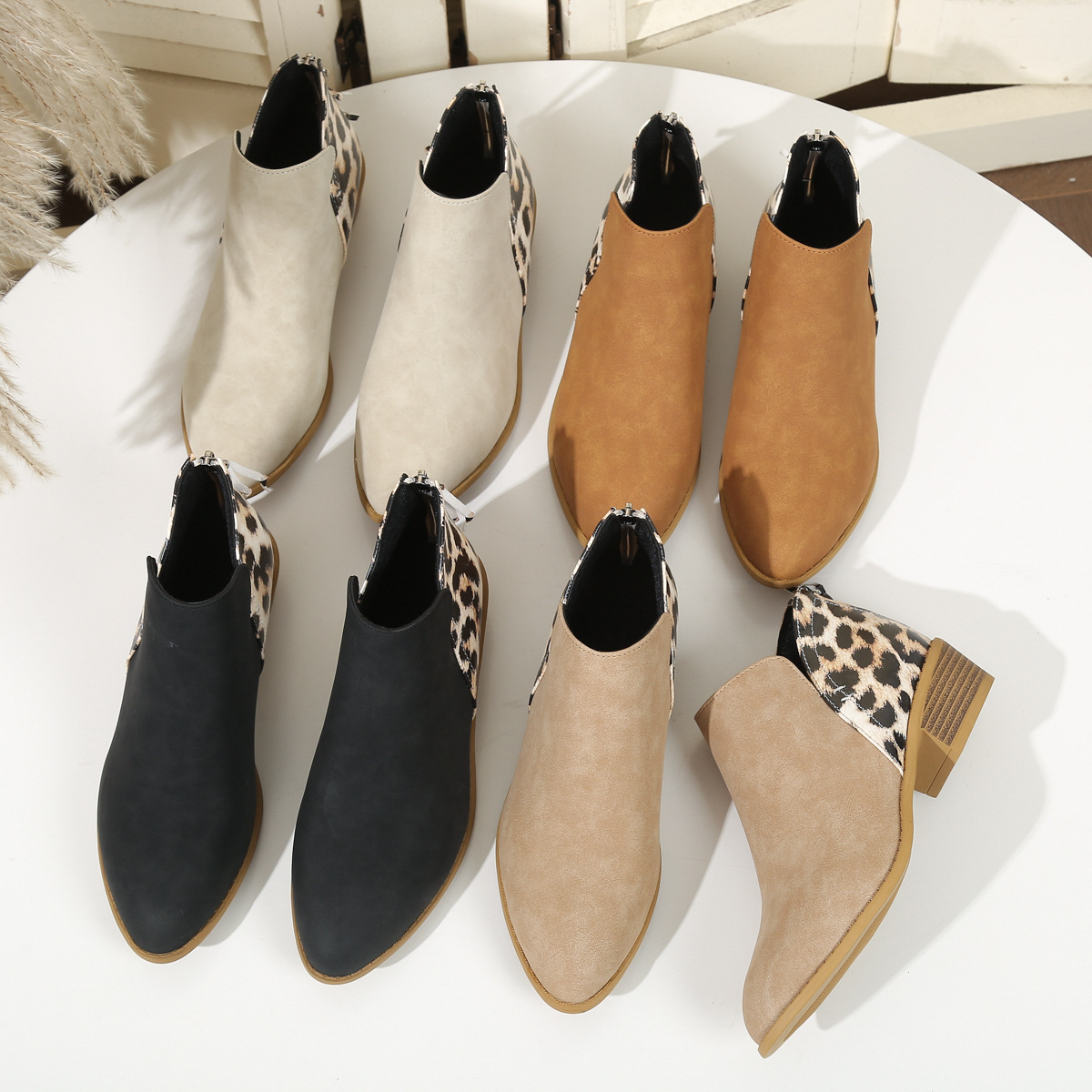 Mid-heel Side Zipper Leopard Print Patchwork Casual Women's Short Boots