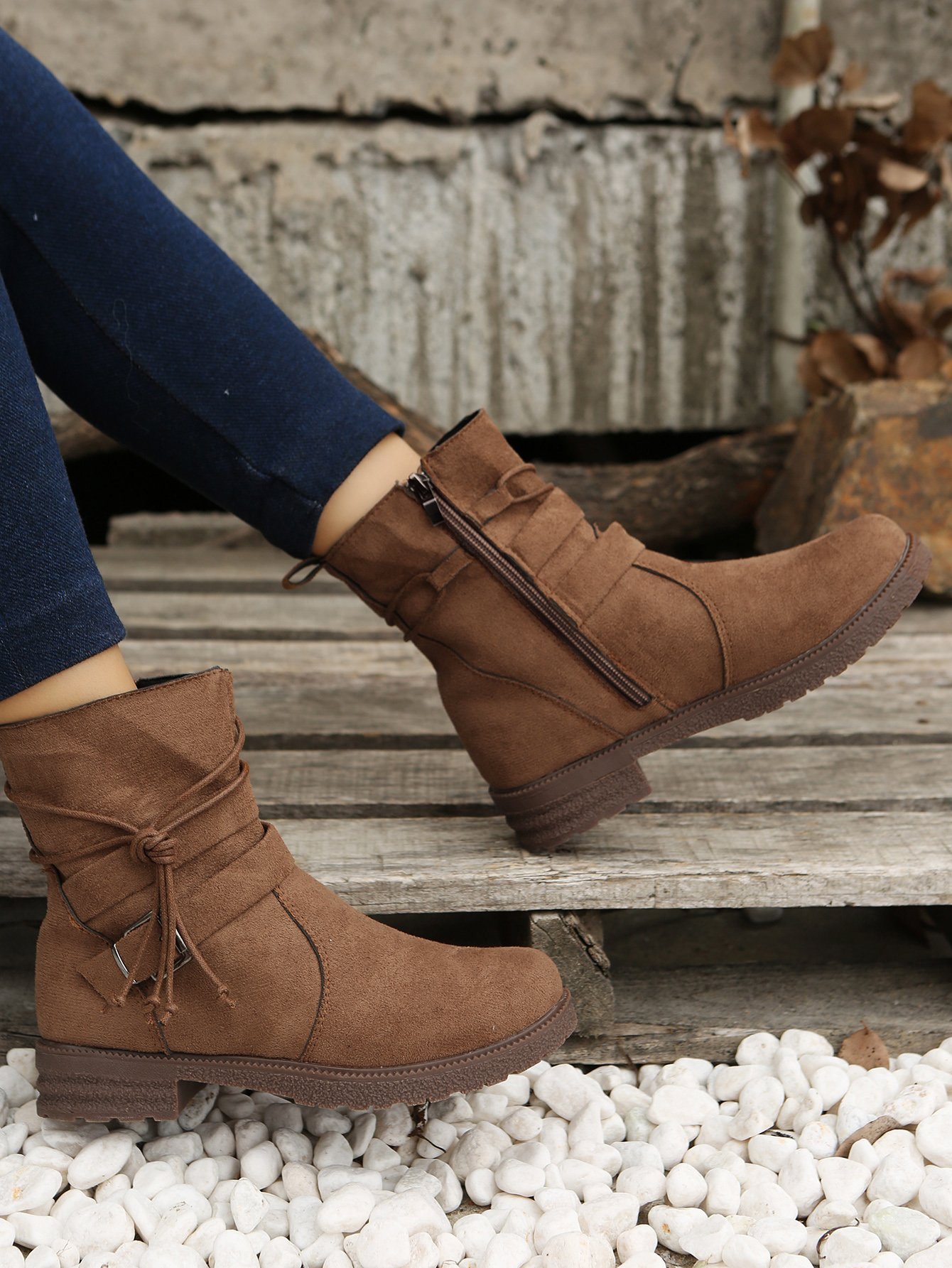 Leather Round Toe Side Zip Lace-Up Low Heel Booties