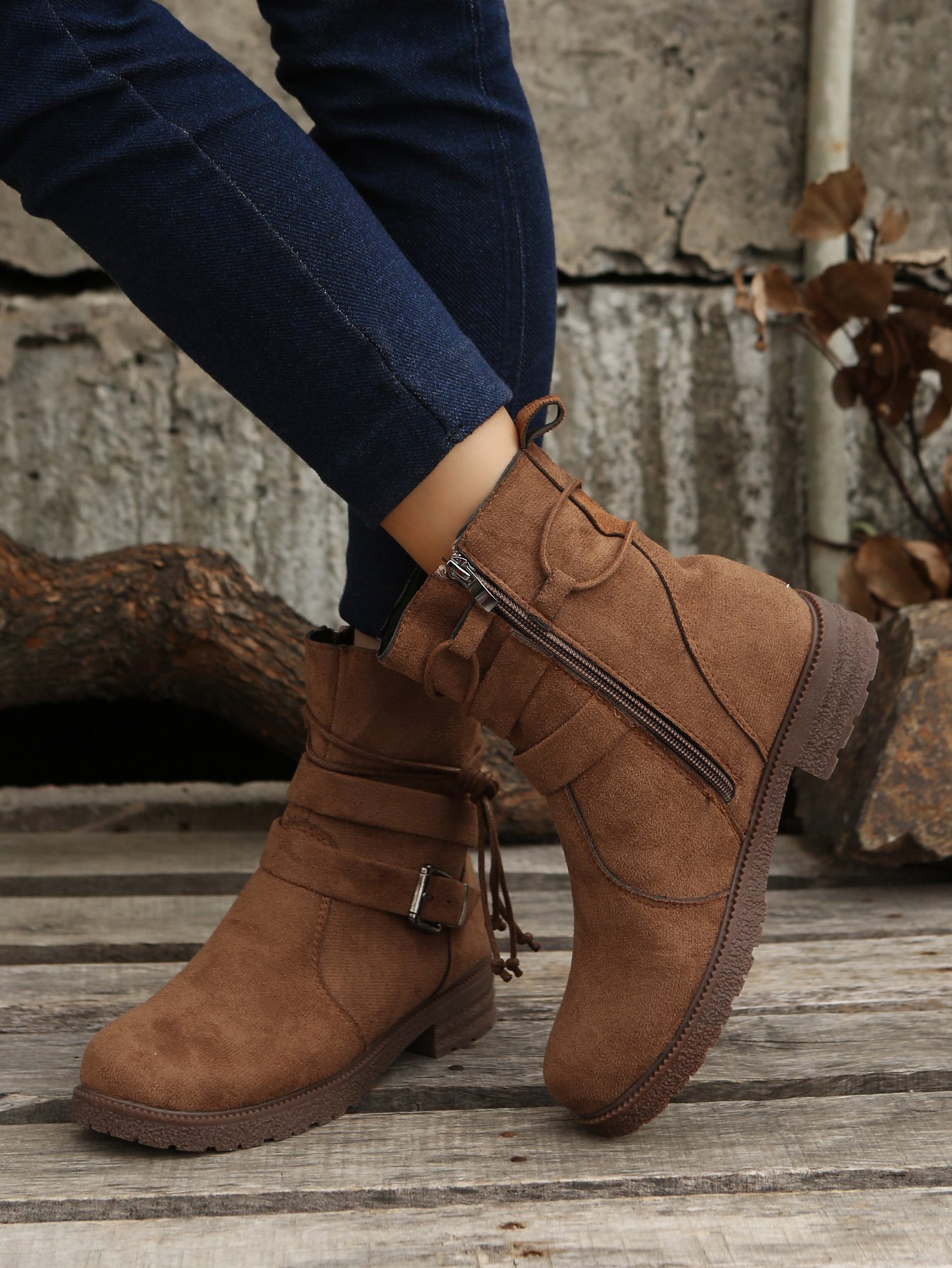 Leather Round Toe Side Zip Lace-Up Low Heel Booties