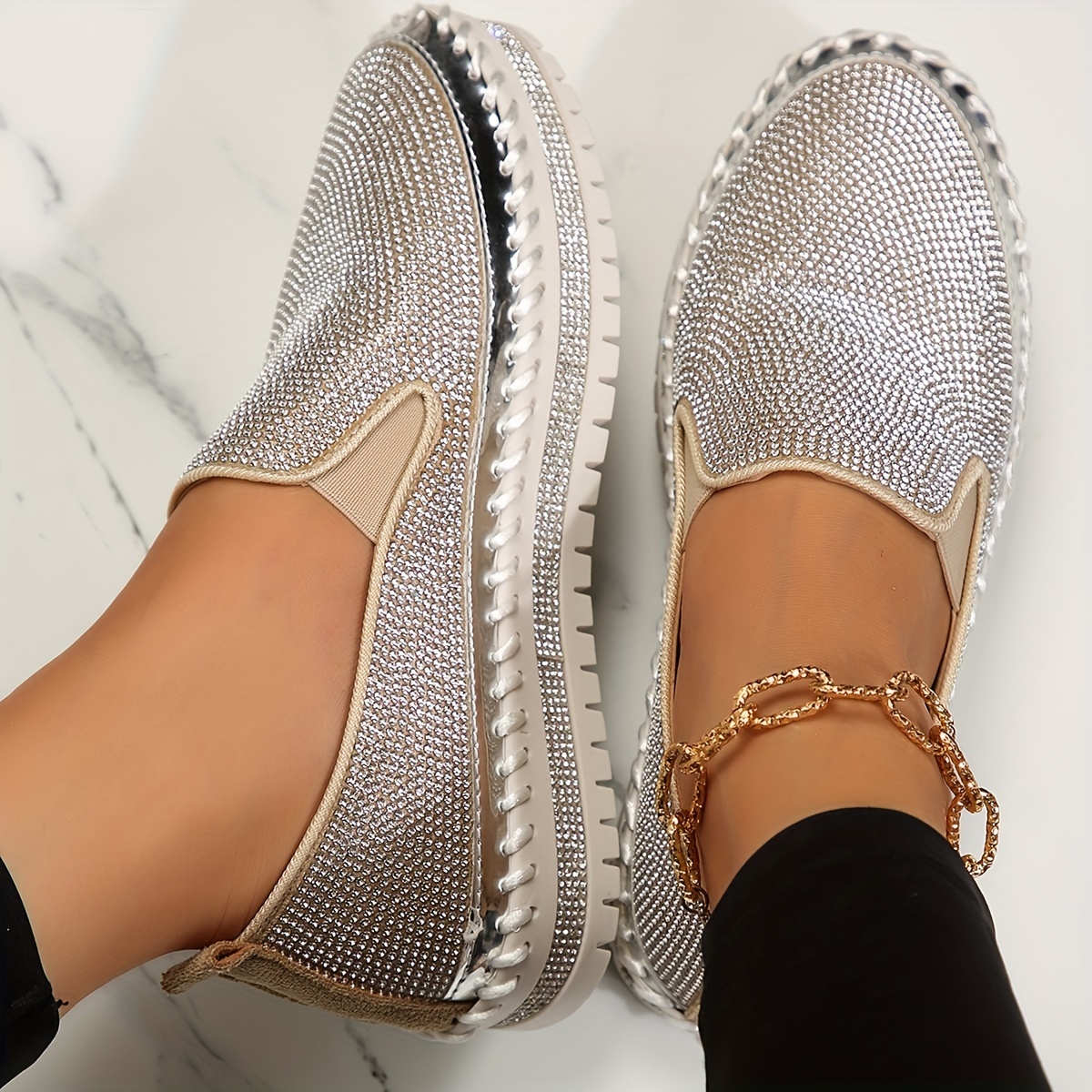 Women's Rhinestone Embellished Thick Sole Slip-On Orthopedic Shoes