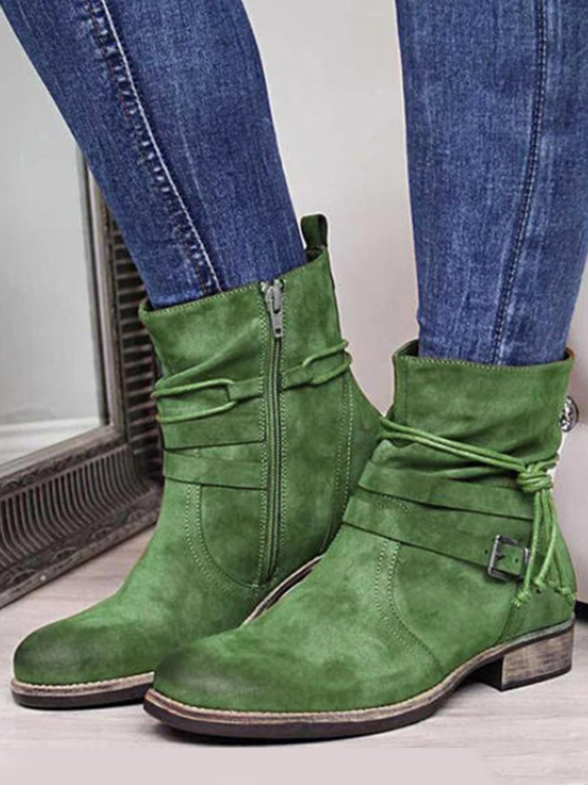 Leather Round Toe Side Zip Lace-Up Low Heel Booties