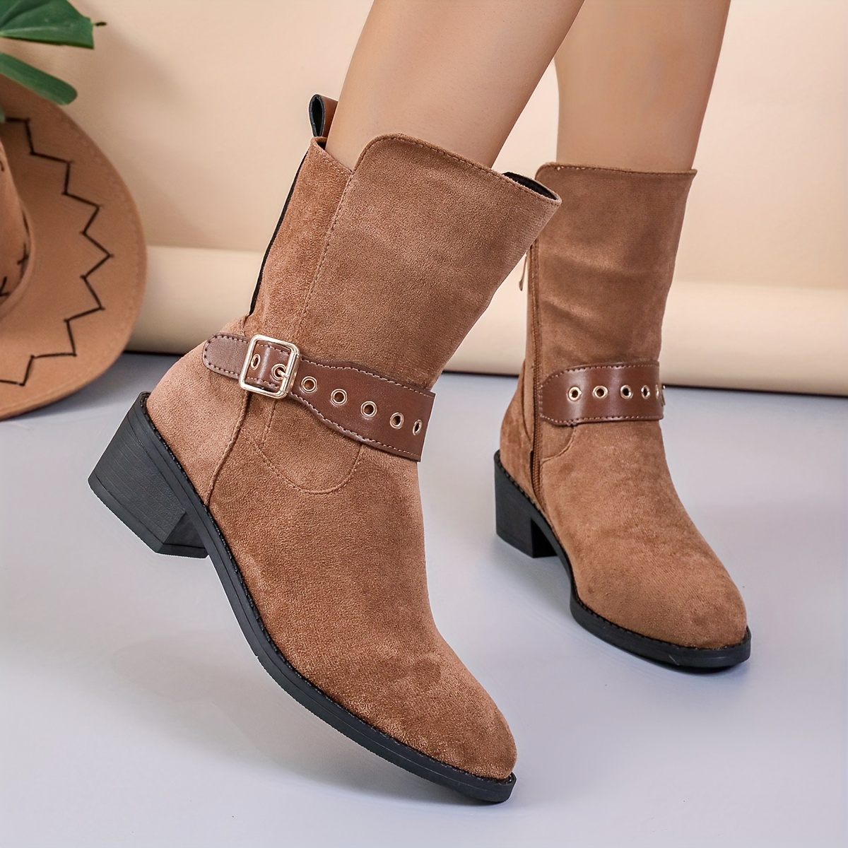 Women's Suede Buckle Strap Side Zip Chunky Heel Boots