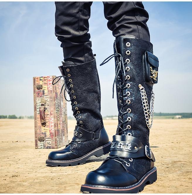 BLACKRISS™Men's Steampunk 16 Holes Metal Rivet High Boots Engineer Motorcycle Boot-Blackriss