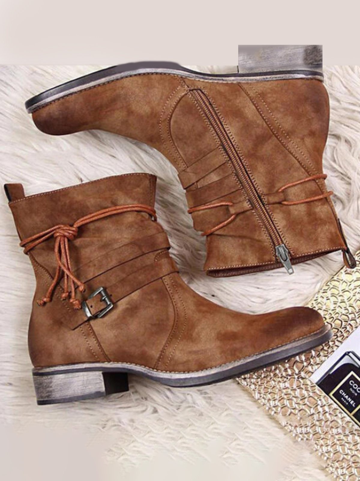 Leather Round Toe Side Zip Lace-Up Low Heel Booties