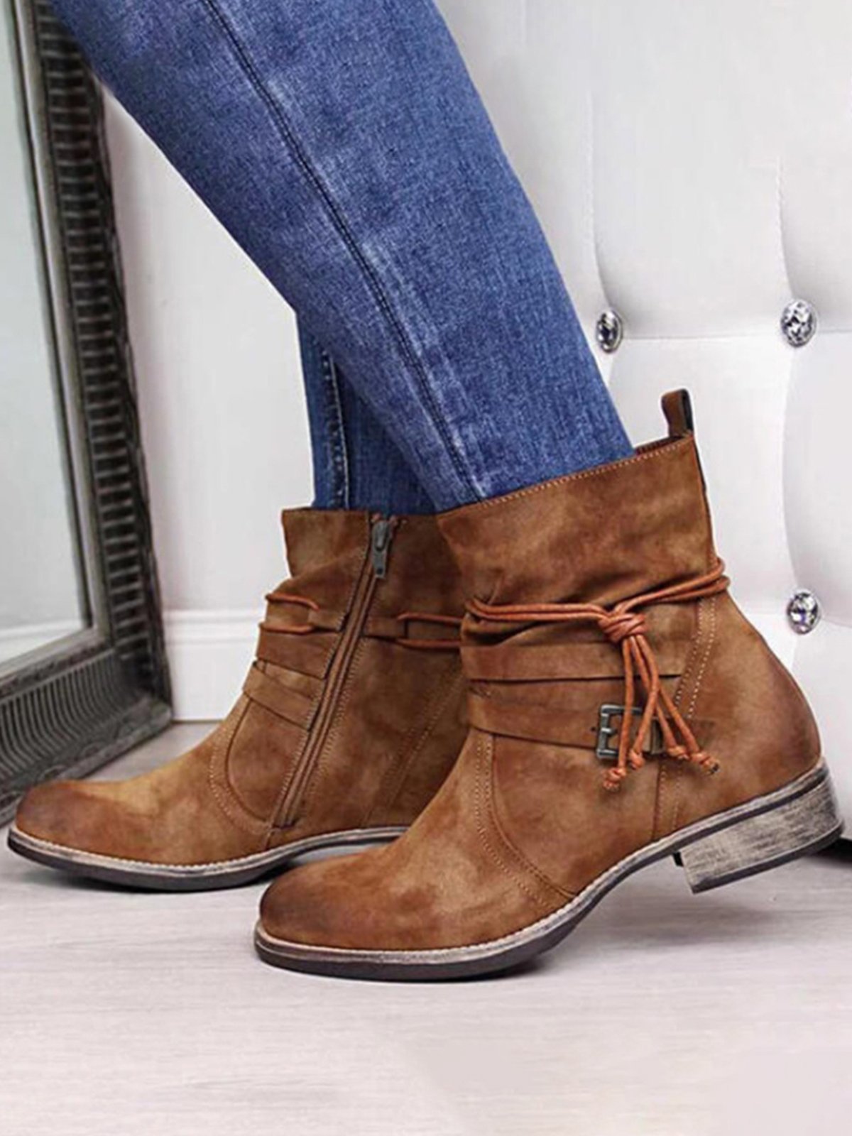 Leather Round Toe Side Zip Lace-Up Low Heel Booties