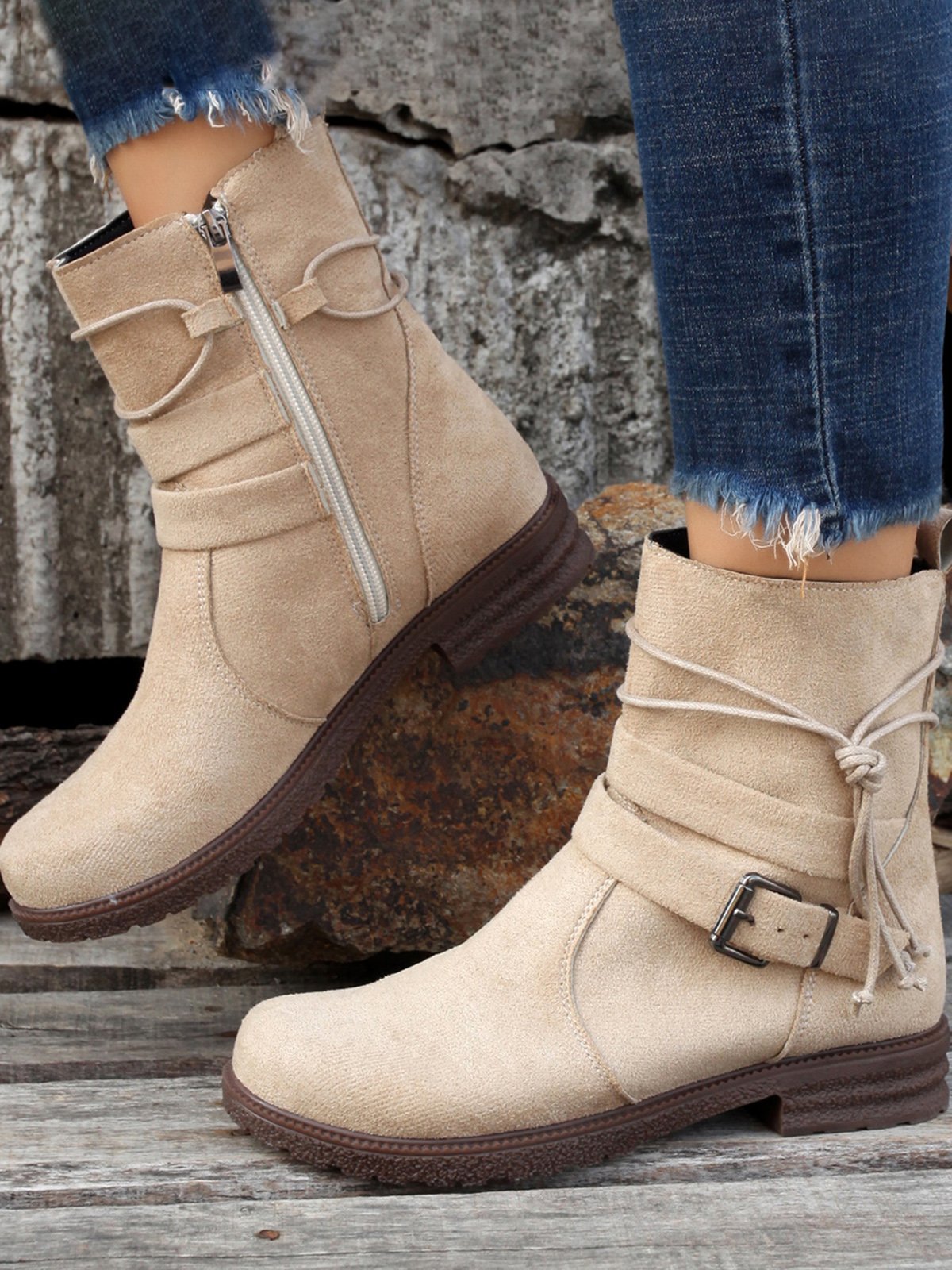 Leather Round Toe Side Zip Lace-Up Low Heel Booties