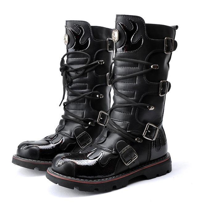 BLACKRISS™Men's Steampunk Fire Totem Black High Boots Motorcycle Boots-Blackriss