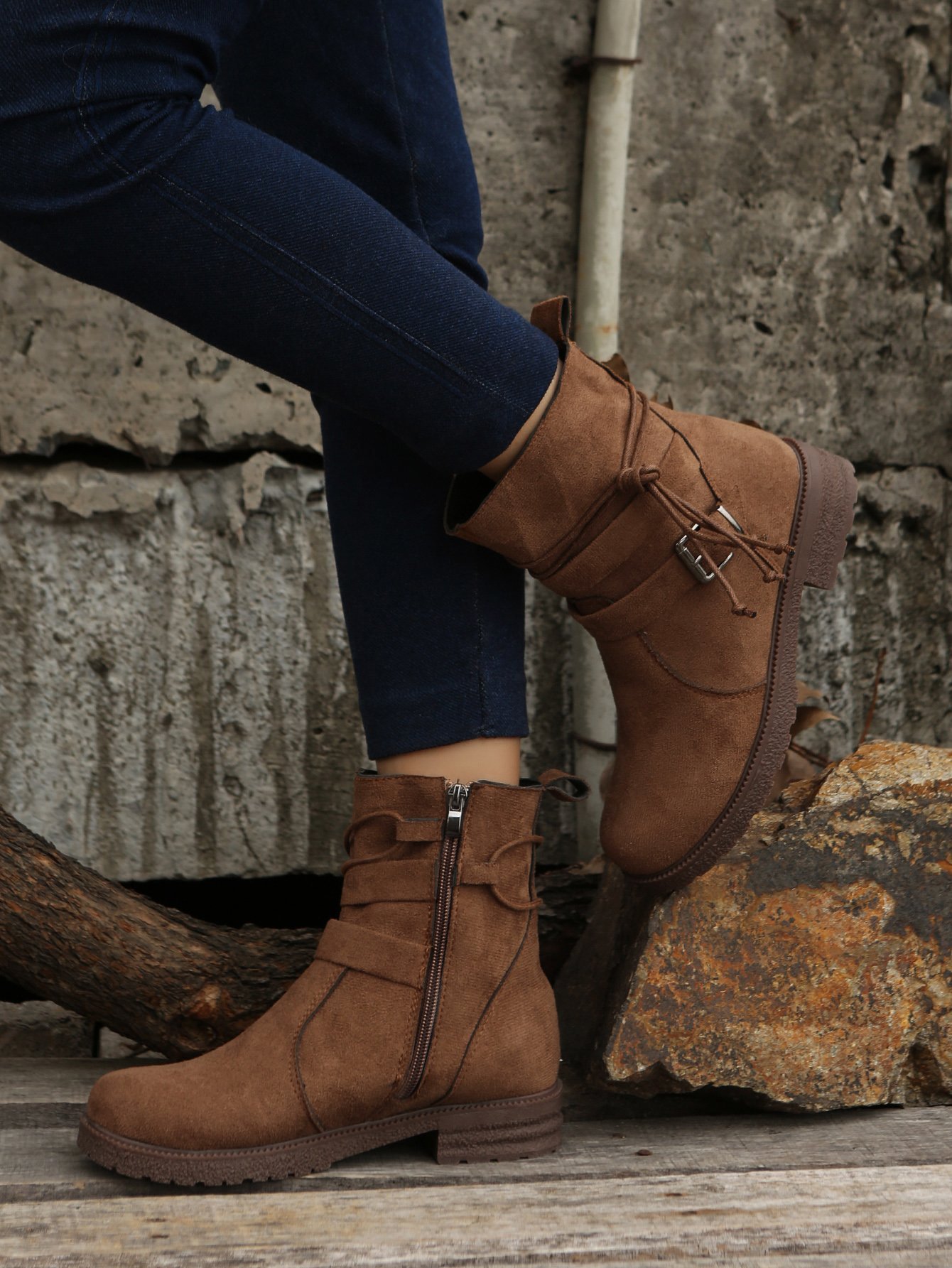 Leather Round Toe Side Zip Lace-Up Low Heel Booties