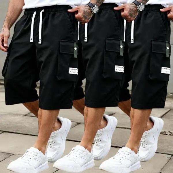 Men's Summer Casual Cargo Shorts - Elastic Drawstring Waist, Multiple Pockets & Letter Patch Design, Regular Fit Mid-Rise Non-Stretch Fabric for Daily Wear & Leisure Activities, Nontransparent Fabric, Menswear, Minimalist tiktokshopspringglowup,summervibe