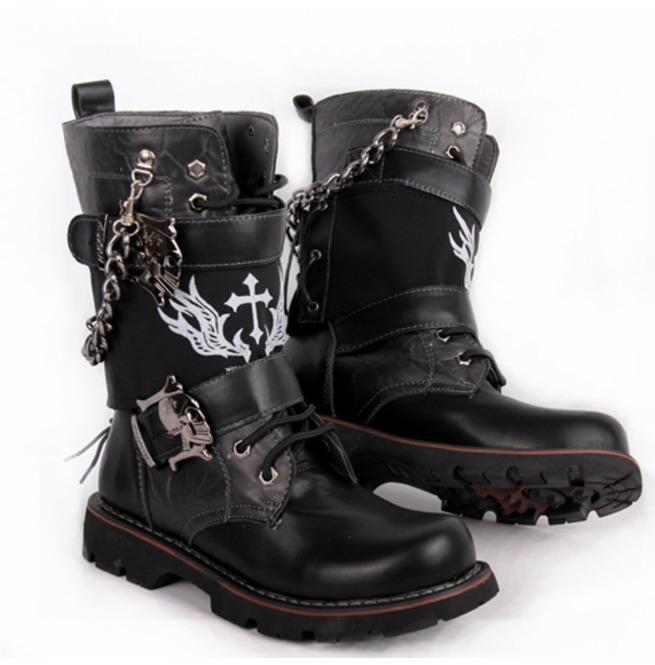 BLACKRISS™Men's Buckle Strap Lining Lace Up Punk Chain Army Boots Martin Boots-Blackriss