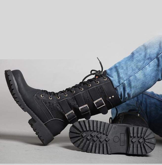 BLACKRISS™Men's Multi Buckles Lace Up High Boots Martin Boots-Blackriss