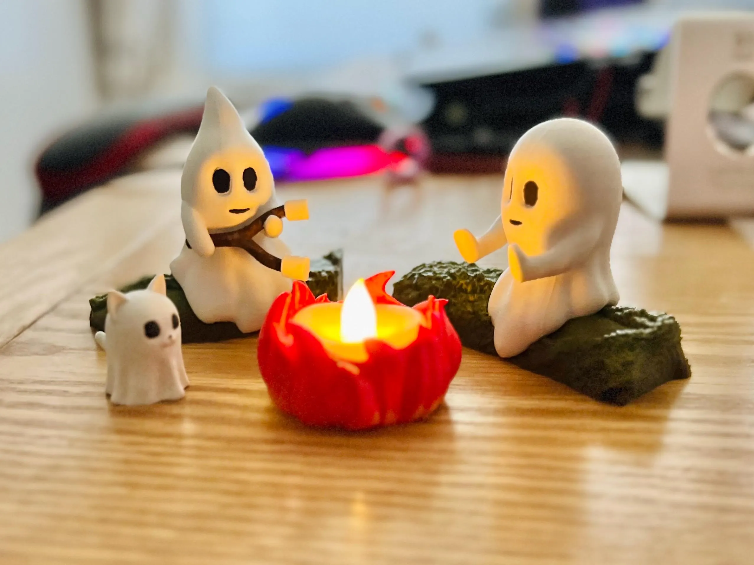 Ghost Campfire Gathering | Spooky Halloween Decor | Cute Ghost Figurine Set | Campfire Display | Haunted Ghost Scene | Ghost adventures
