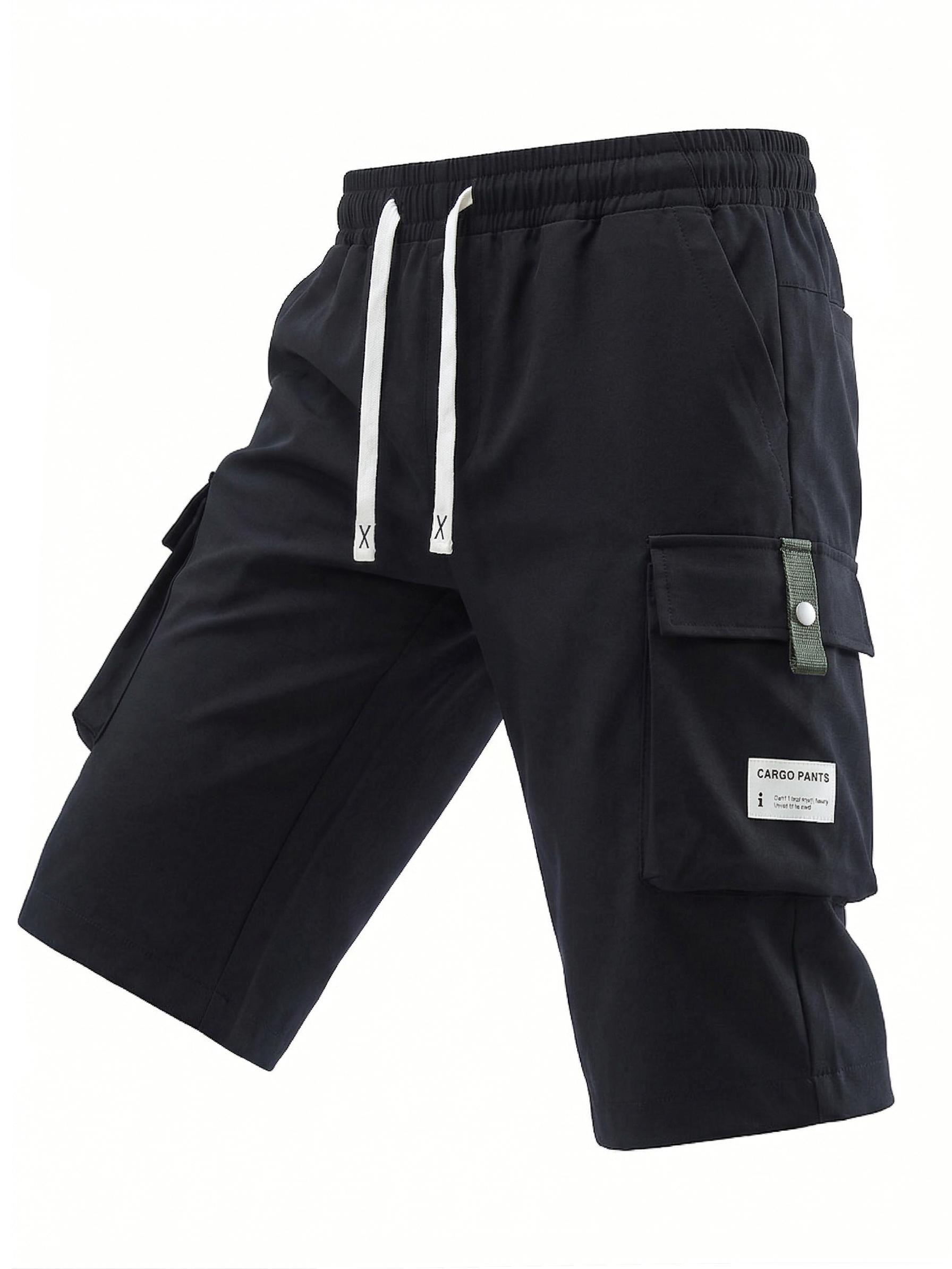 Men's Summer Casual Cargo Shorts - Elastic Drawstring Waist, Multiple Pockets & Letter Patch Design, Regular Fit Mid-Rise Non-Stretch Fabric for Daily Wear & Leisure Activities, Nontransparent Fabric, Menswear, Minimalist tiktokshopspringglowup,summervibe