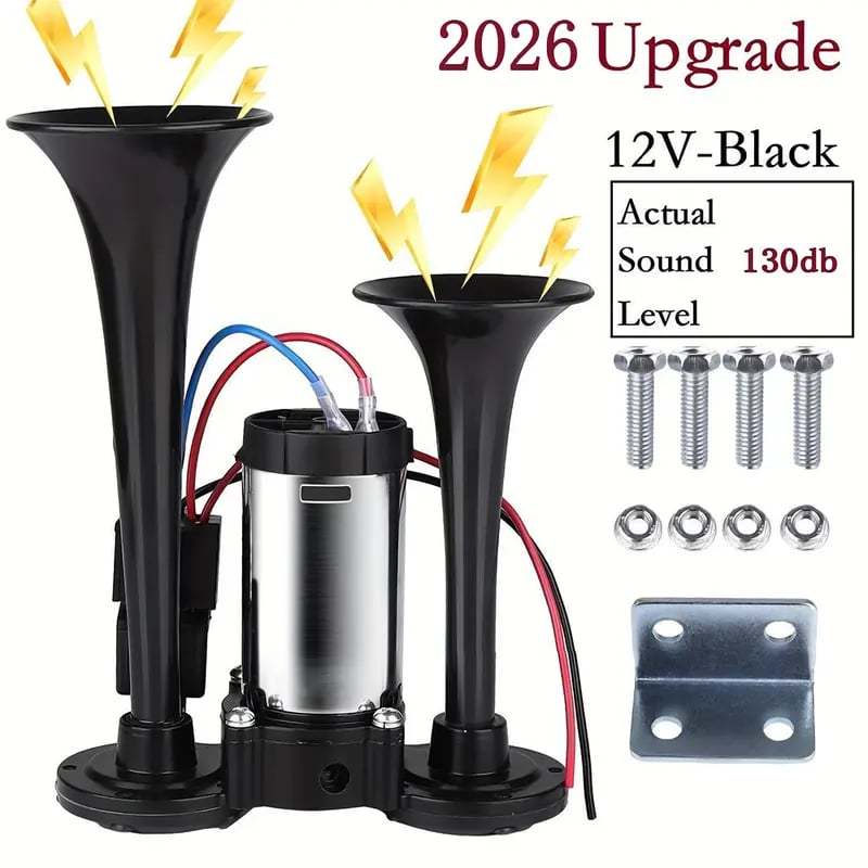 🔥LAST DAY 49% OFF - 🚗🔧2026 Upgraded 12V Dual Air Horn Kit – 130DB Super Loud Dual Horn with Compressor for Cars. Trucks. SUVs. Boats & More(✨Includes installation manual and video guide)