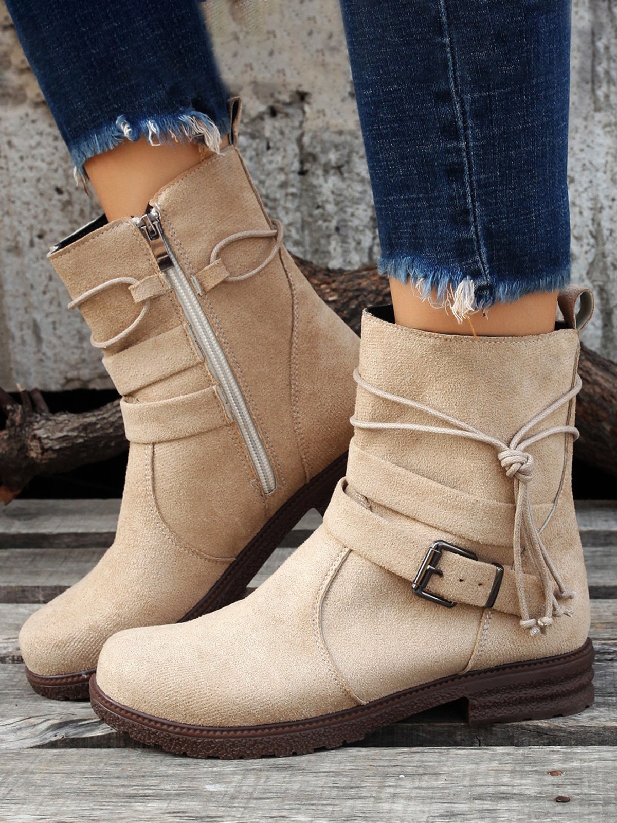 Leather Round Toe Side Zip Lace-Up Low Heel Booties