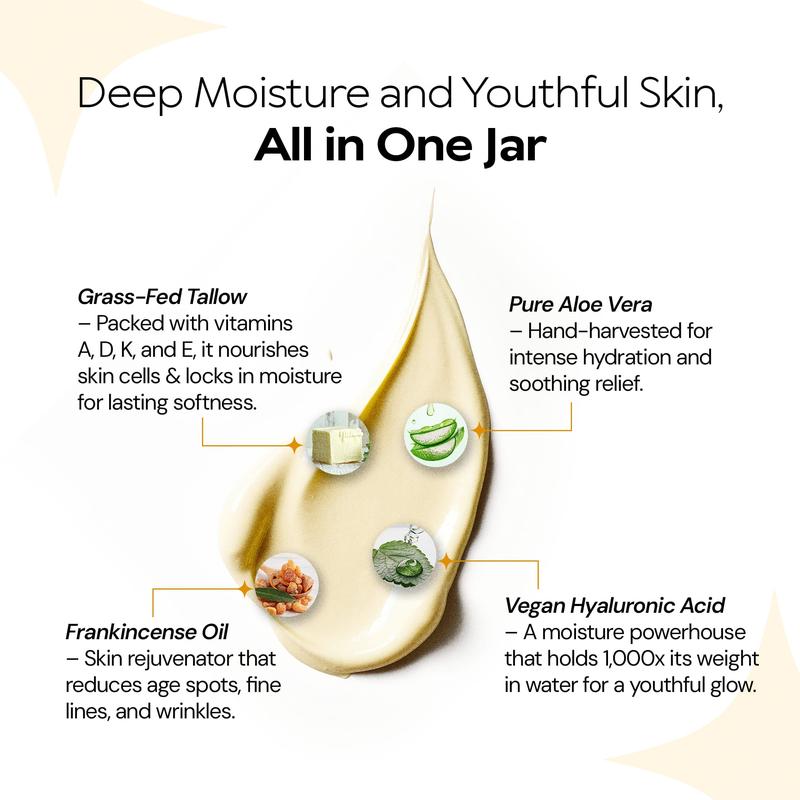 Beef Tallow Face Cream - Nourishing Face Cream, Moisturizer, Body Lotion, Skin Care and Lip Balm Hydrating Moisturizer (2oz)