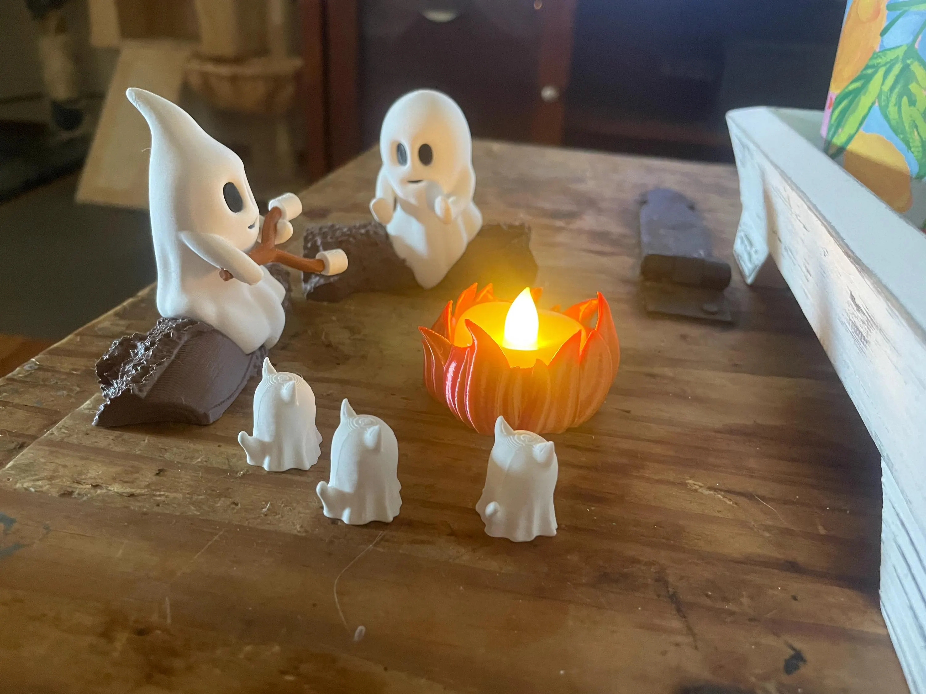 Ghost Campfire Gathering | Spooky Halloween Decor | Cute Ghost Figurine Set | Campfire Display | Haunted Ghost Scene | Ghost adventures