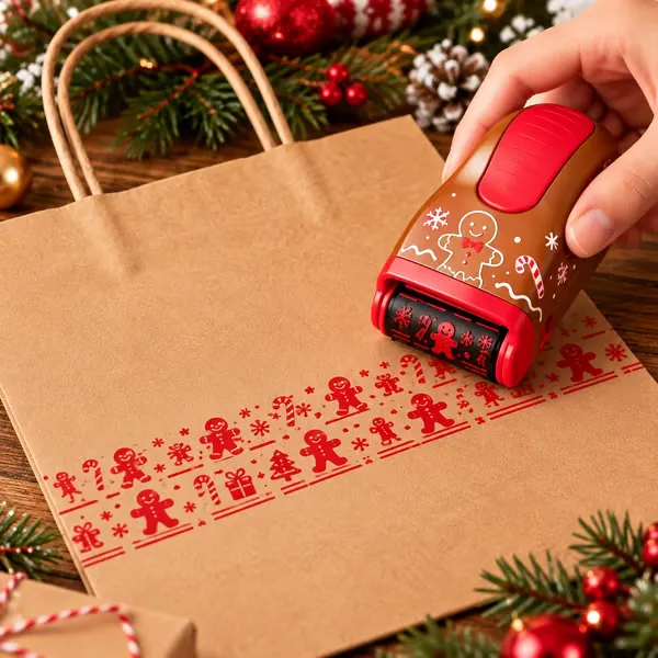 Handheld Christmas roller creating a repeating pattern on a kraft paper bag