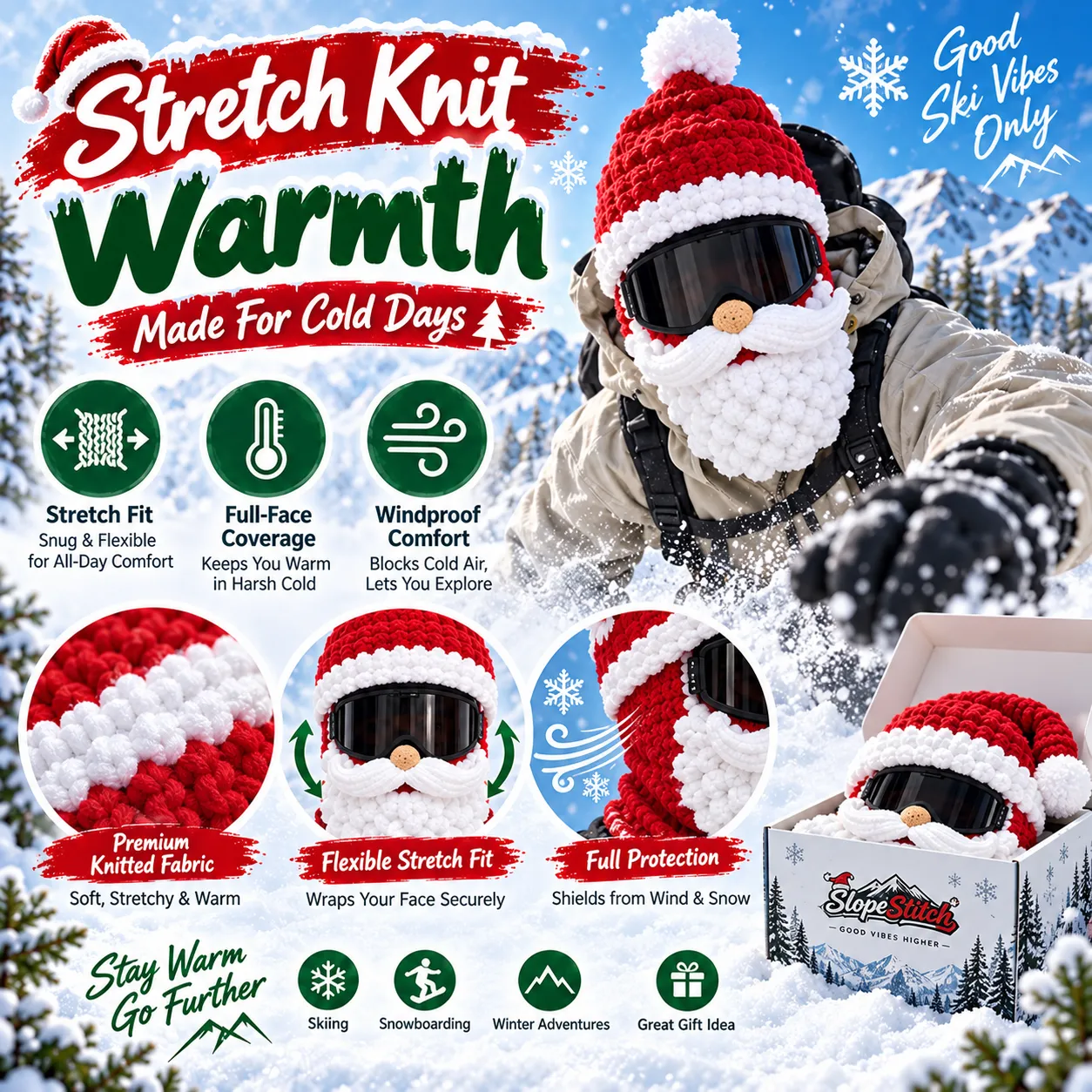 Stretch knitted fabric and full-face warmth features shown on a Santa mask