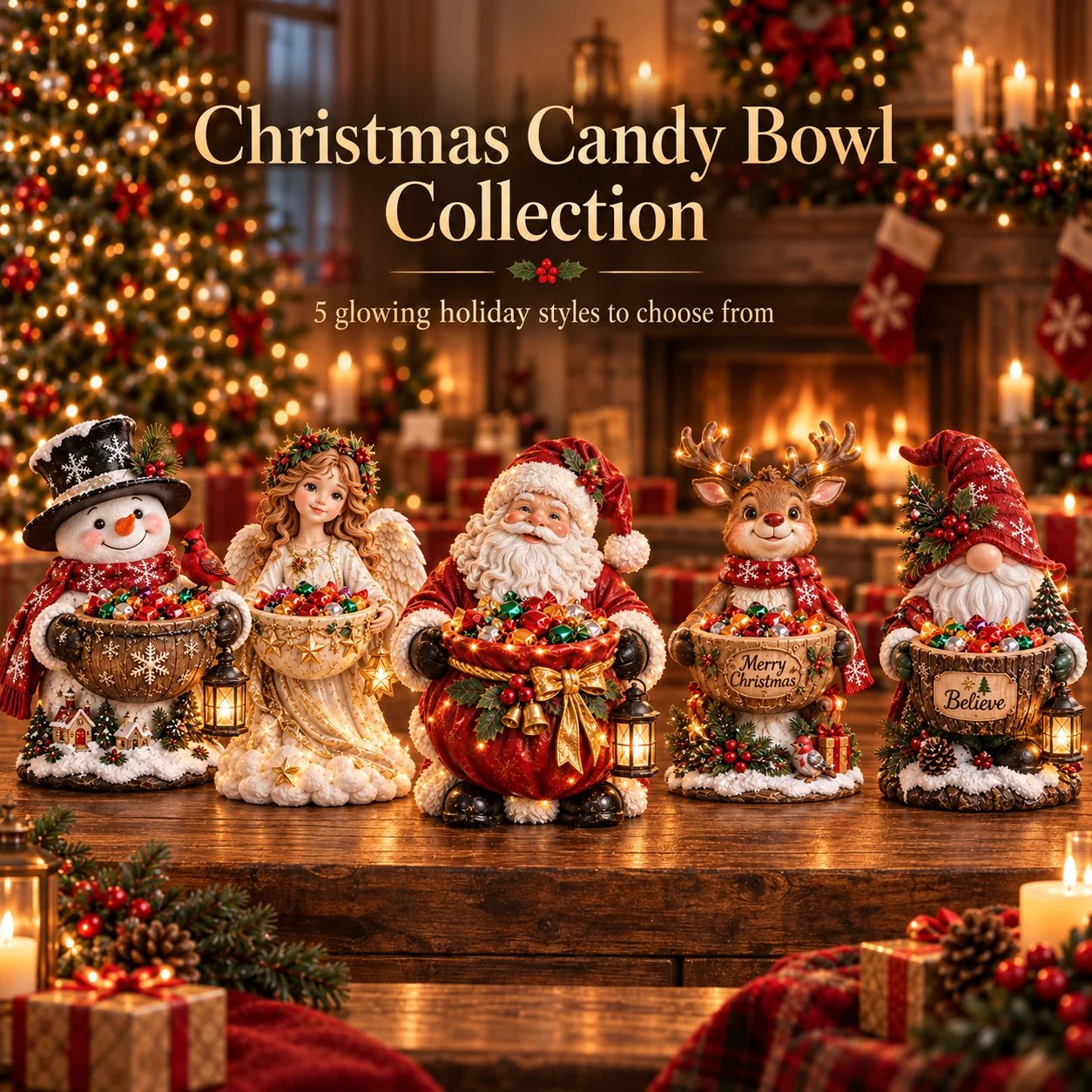 Lighted Christmas Candy Bowl Collection with five festive holiday designs